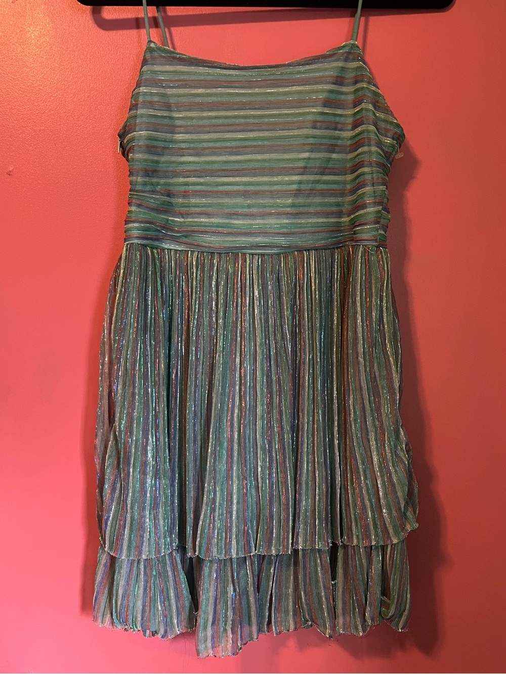 Striped Metallic Tiered Spaghetti-Strap Dress - Green